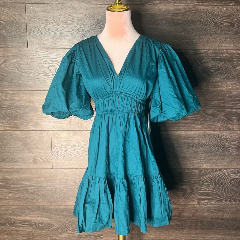 Japna Puff Sleeve, V-Neck, Tiered Mini Dress in Teal Blue. Size Small. NWT!